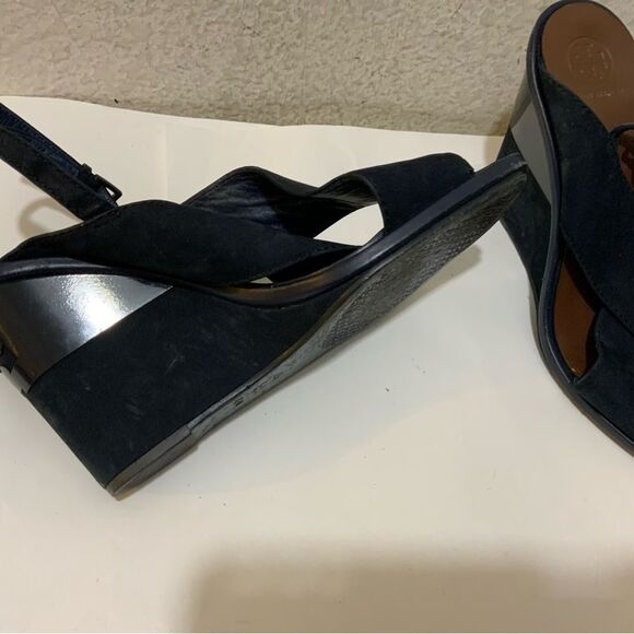Tory Burch Navy Blue Suede Gabrielle Slingback Wedge Sandals Womens Size 8.5 M - Picture 12 of 16